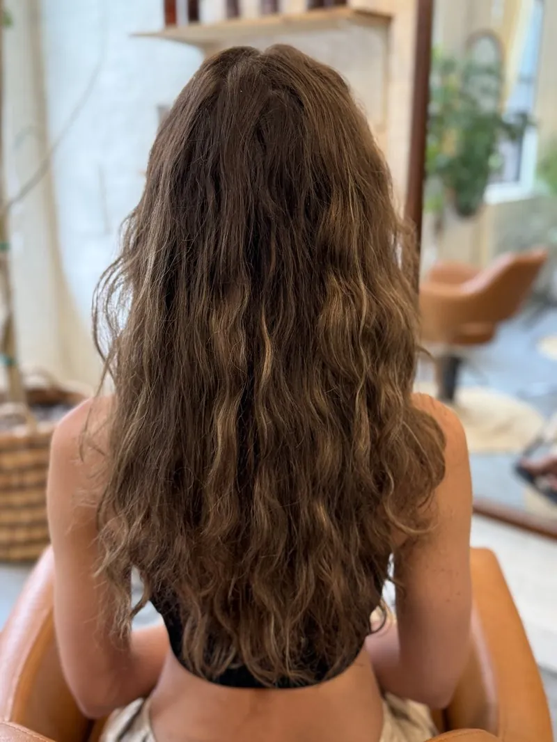 Long wavy brunette hair before a balayage service