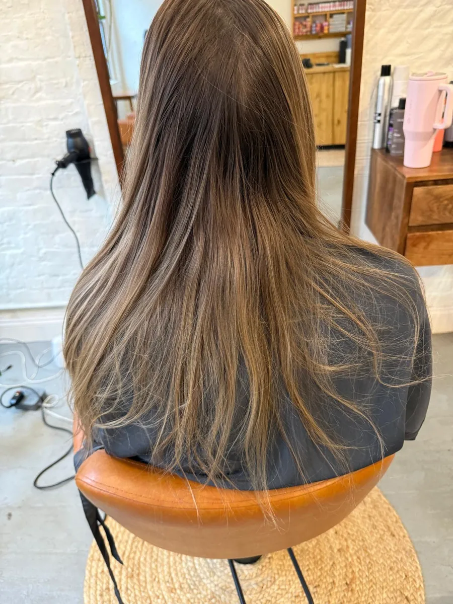 Dark long hair before a blonde balayage service