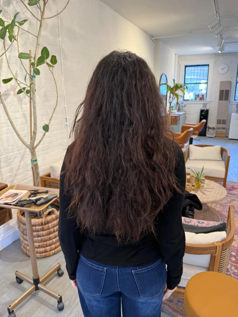 Long dark hair before a dimensional highlighting service