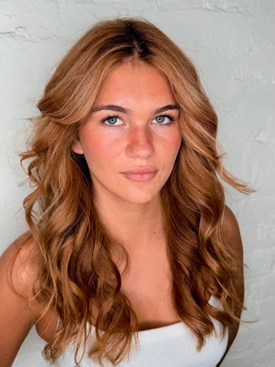 Copper auburn long waves created with organic color, Williamsburg Salon