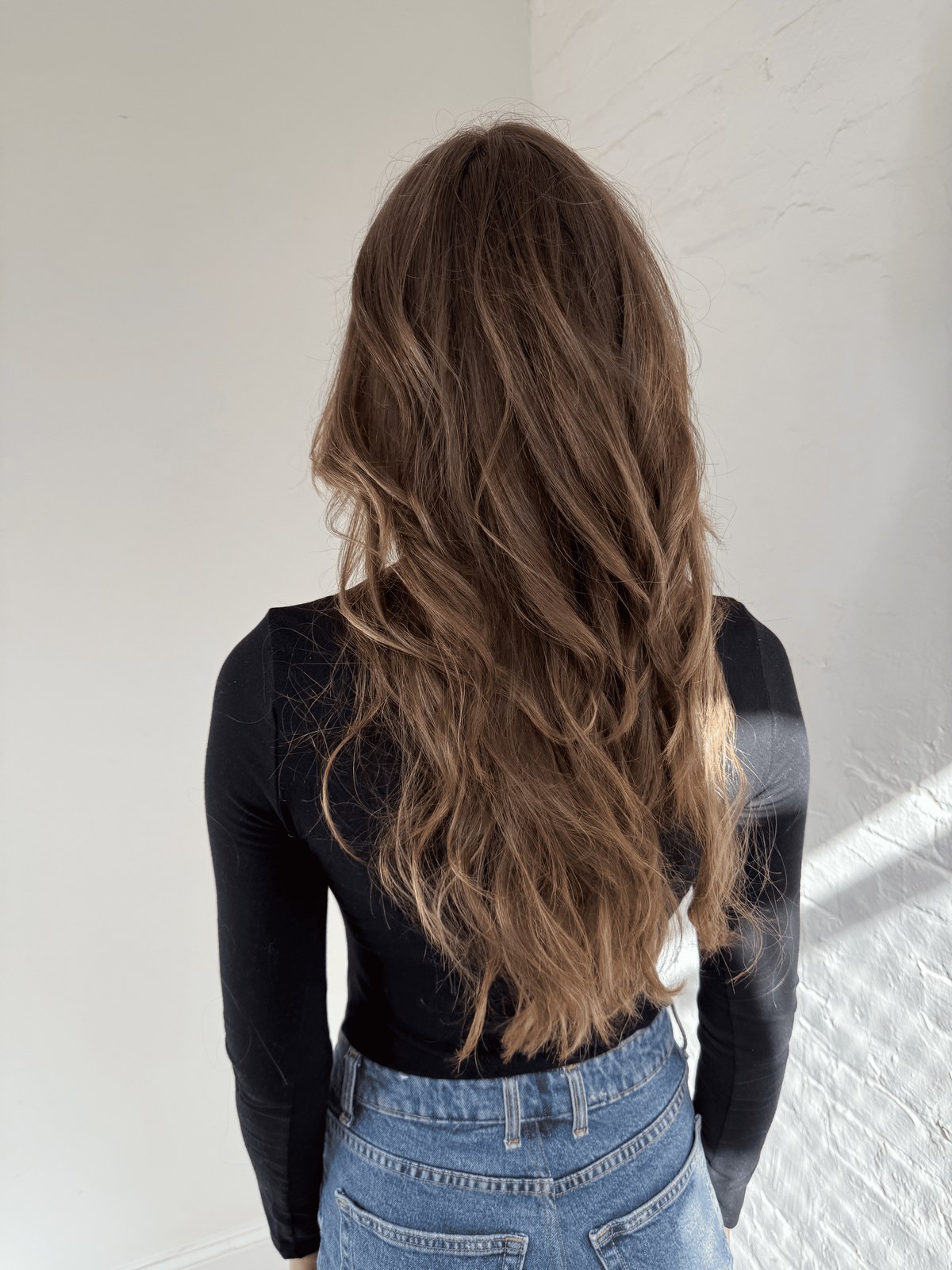 Back view of long layered bronde hair with soft dimension, Williamsburg Salon