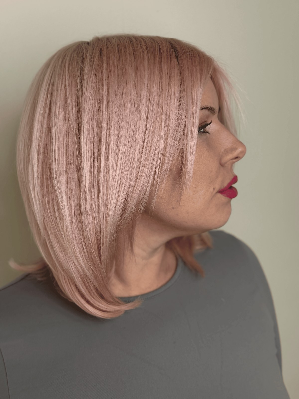 Rose blonde bob transformation, side profile, Williamsburg Salon